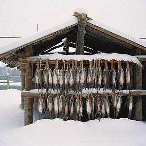 活鱼鲜鱼背景图片_冬雪中木棚顶上挂着一些鲜鱼