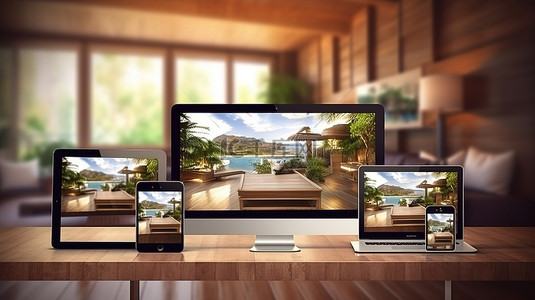 在多个设备上具有响应式前视图的酒店网站 3D 渲染