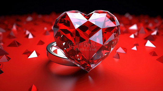 3d 心形钻石和庆祝情人节的文字插图