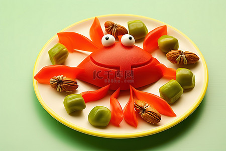 一个盘子，上面有一只螃蟹，周围有坚果和辣椒