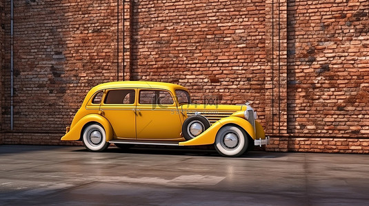 黄色老爷车背景图片_老式黄色汽车靠在砖墙上 3d 渲染