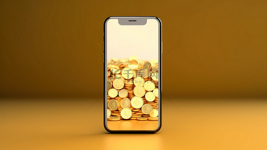 有金币背景图片_空白屏幕上有金币的手机 3d 渲染