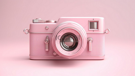 淡粉色复古相机放置在粉色 3D 渲染表面上