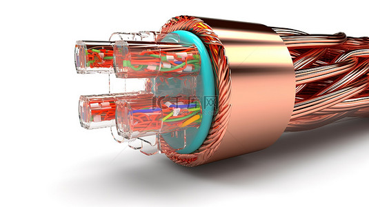 电力数据背景图片_智能电源电缆 3D 插图铜线与白色背景上的电路火花