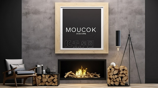 当代壁炉和木柴 3D 渲染现代内墙上模拟的空白海报