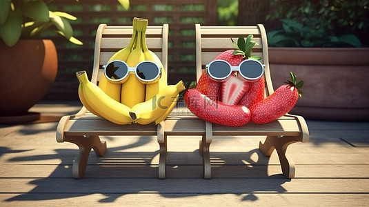 暑假户外背景图片_户外椅子装饰着 3d 渲染的香蕉和戴着太阳镜的草莓
