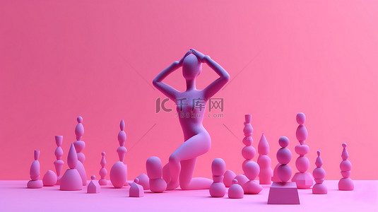 运动冥想背景图片_在粉红色背景下练习瑜伽的抽象人物的充满活力的 3D 渲染