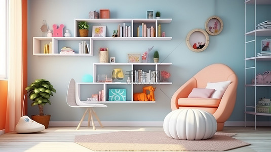儿童桌子背景图片_充满活力的儿童房内部，配有书柜床枕头架和舒适的白色扶手椅，配有使用 3D 渲染创建的毯子