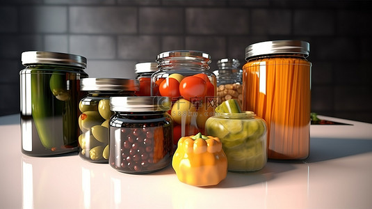 厨房用具油和罐装蔬菜在罐子里的 3d 渲染