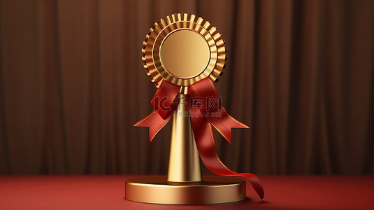 奖章红色背景图片_棕色背景的 3D 渲染，带有金色奖杯和带有获胜者标志的红色玫瑰丝带
