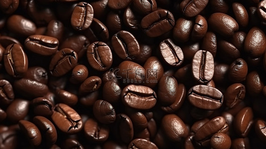 框架顶视图中新鲜烘焙咖啡豆的 3D 渲染，背景中有大量咖啡豆