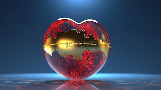 红色和金色的心包裹在玻璃球球体中，通过蓝色背景下的 3D 渲染描绘