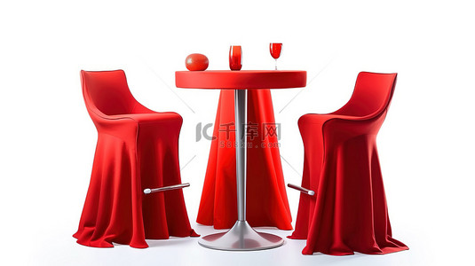 海鲜餐厅灯箱背景图片_白色背景上带桌子和桌布 3D 渲染的当代红色酒吧凳