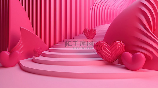 条纹广告背景图片_充满活力的粉红色背景与 3D 渲染条纹舞台，用于情人节的商业营销和广告