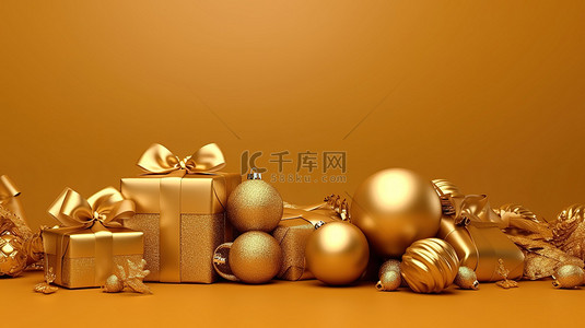 金色背景装饰着圣诞装饰品 3D 插图
