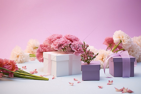 礼品盒形状的鲜花和纸
