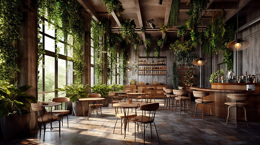 3D 酒吧内部采用混凝土地板木质家具和悬挂式照明，郁郁葱葱的绿色植物为咖啡厅的氛围注入活力