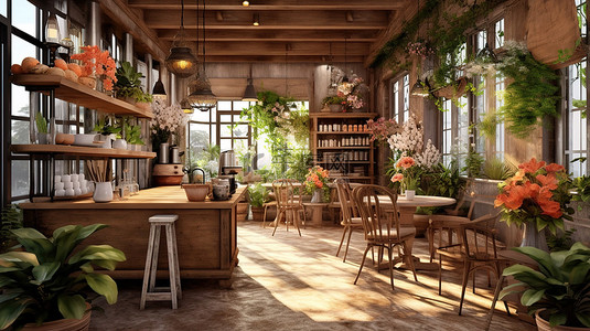 舒适的咖啡馆或花卉精品店的 3D 渲染
