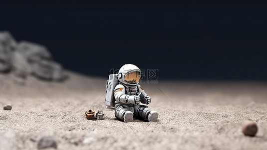 坐火箭背景图片_太空探索者坐在土壤上，手握 3D 渲染的微型火箭