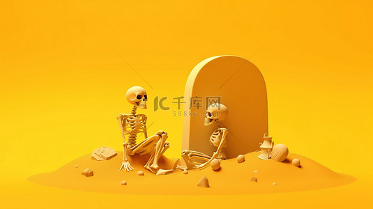 黄色背景下墓碑和头骨上的怪异幽灵 3D 万圣节插图