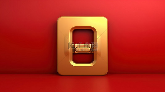金色门口图标 3D 渲染的红色哑光金板上敞开的门的符号