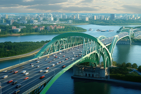河上的绿色桥梁周围交通繁忙