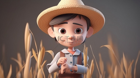 可爱的卡通男生背景图片_一个戴着草帽的孩子照料农场的 3D 渲染插图