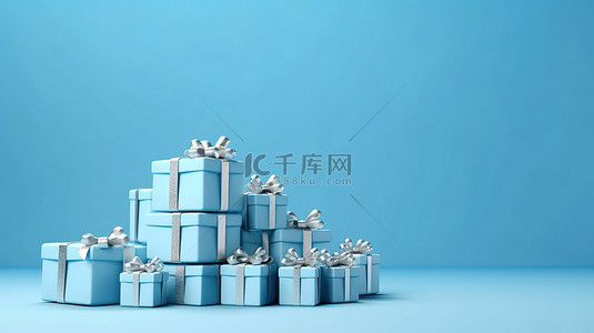 蓝色背景上的礼品包的 3D 渲染模型，带有文本的开放空间