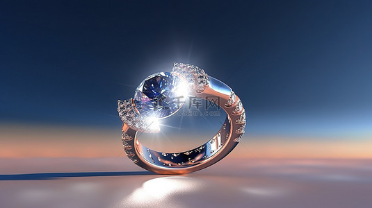 3D 渲染的钻石戒指日食在深蓝色天空的云层中