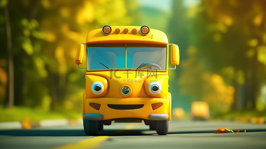 汽车在路上背景图片_可爱的校车在路上 3d 渲染