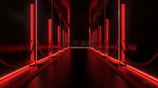 红地毯被障碍物照亮并通向 3D 渲染中的发光门