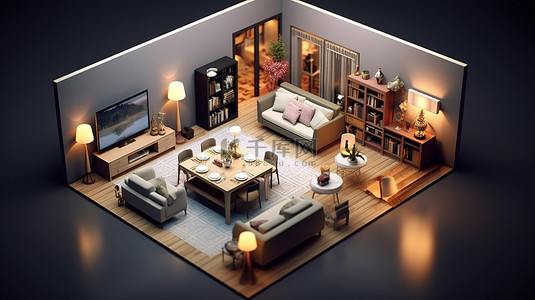住宅区中起居和就餐空间组合的 3D 渲染等距视图