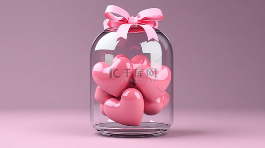 玫瑰心形礼盒背景图片_心形粉色礼盒，配有玫瑰罐和气球，3D 渲染抽象情人节概念