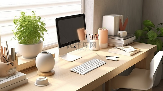 办公用品桌面背景图片_当代工作室工作空间，配有计算机模型和 3D 桌面上的办公用品