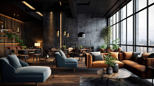 休息室或咖啡厅温馨起居区的 3D 渲染