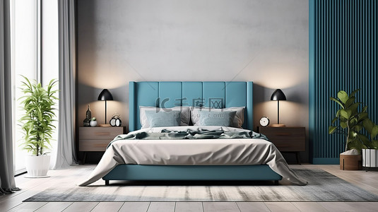 双人床背景图片_现代卧室配有 3D 双人床，从正面看呈蓝色和灰色