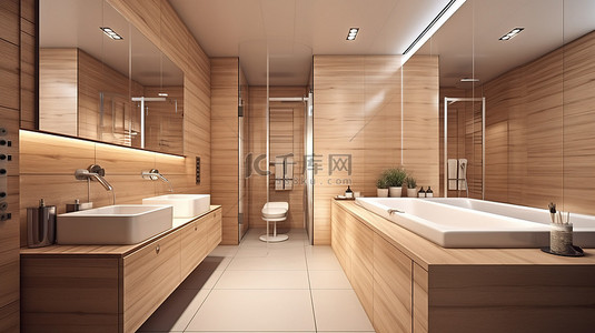 家居房背景图片_3D 渲染中由山毛榉木制成的浴室