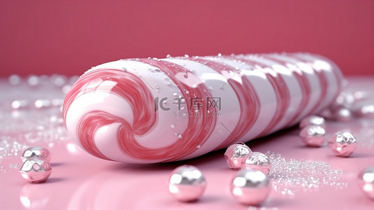 3D 渲染节日快乐的圣诞节，带有粉红色的大拐杖糖