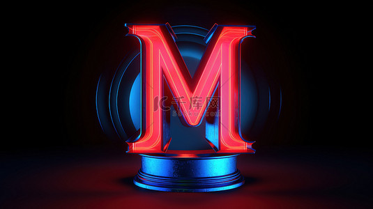 发光的霓虹灯 m 在 3d 渲染中照亮蓝色内部字母