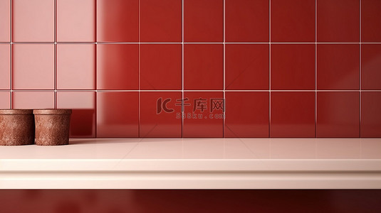 简约的红色厨房柜台，配有单色 3D 渲染的棕色瓷砖墙