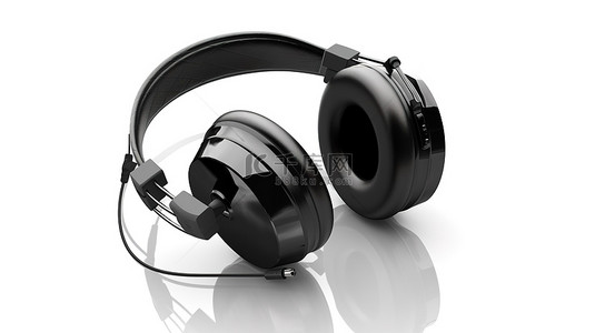 孤立的白色背景与复古黑色耳机在 3D 插图耳机图标包括