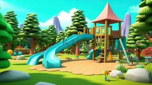 公园里的天然游乐场3D插画卡通景观