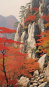 红色的秋色穿过一群岩石