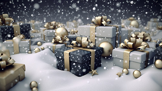 雪球雪花背景图片_节日圣诞贺卡，3D 渲染背景上有雪花和礼物