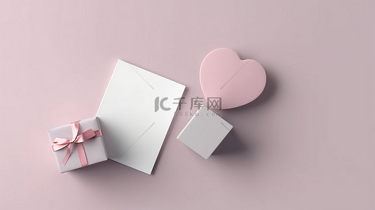 礼卡背景图片_情人节和婚礼卡样机心形爱情与 3D 顶视图礼品盒