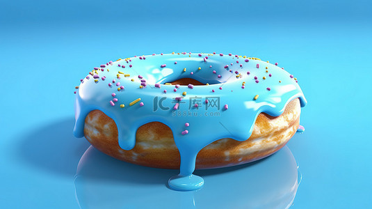 蓝色背景上的釉面甜甜圈的 3D 渲染