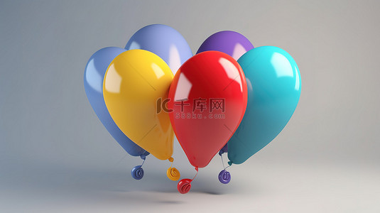 两个 3D 设计的充满活力的彩虹气球，用于灰色背景下的儿童商店促销