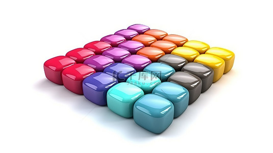 彩虹糖背景图片_充满活力的方形糖果涂层巧克力丸，在白色背景上的独立 3D 插图中