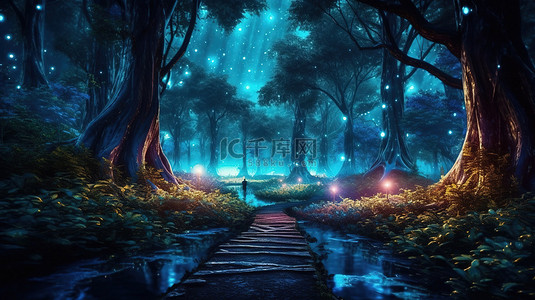 格式合同背景图片_夜间魔法森林方形格式 3D 数字插图蓝色发光神秘路径