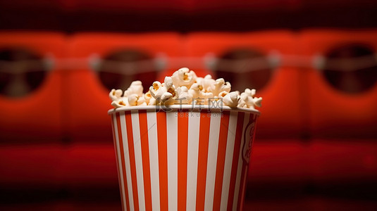 电影电影院背景图片_3d 眼镜和爆米花是条纹红桶中的完美搭配